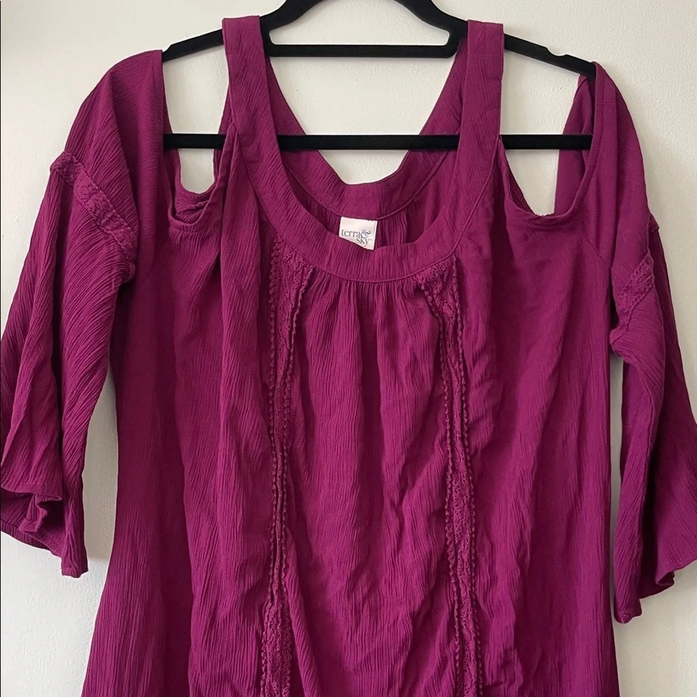 Terra & Sky|Boho Cold Shoulder Tiered Crochet 3/4 Sleeve Dress|1X|EUC - Picture 5 of 11